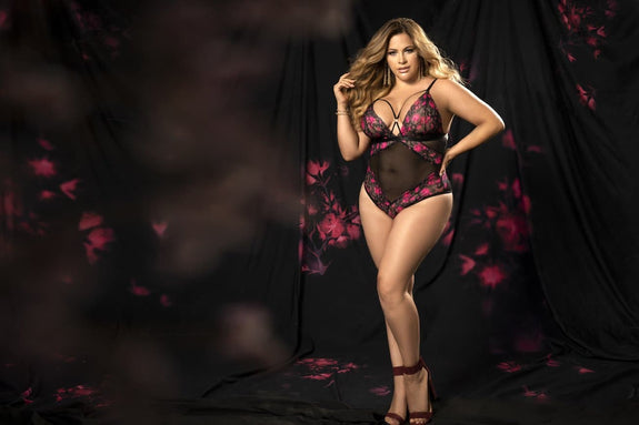 Mapale 8644X Plus Size Triangle Cup Floral Mesh Teddy - SomethingTrendy.com
