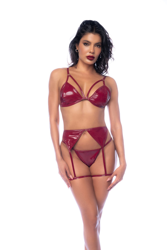 Mapale Faux Leather Bralette, Garter and Thong Three Piece Set | Lingerie Set