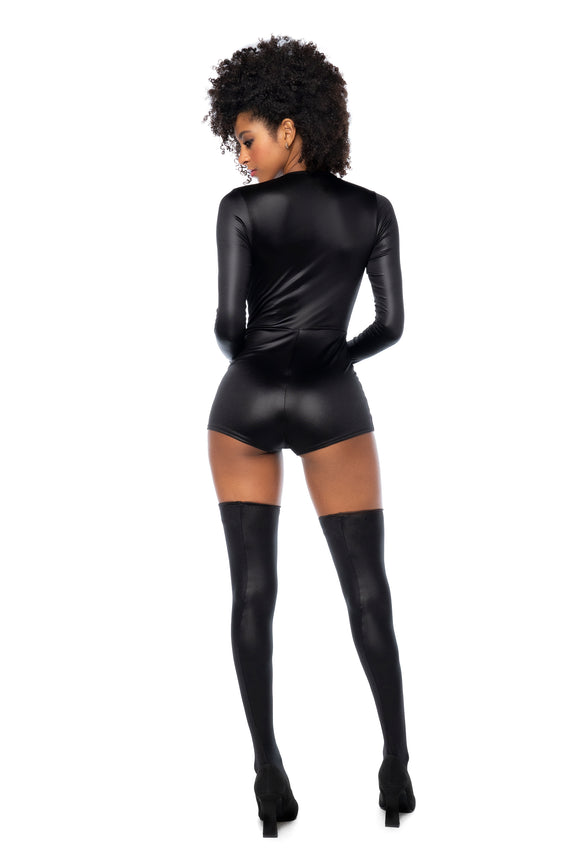 Mapale Long Sleeve Faux Leather Mini Jumpsuit Police Costume with Handcuffs | Roleplay Costume