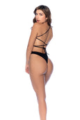 This one-shoulder one-piece swimsuit features a striking cut-out design through the center, enhanced with gold ring details for a touch of luxury. It offers an adjustable back and thong-style bottom for a flattering fit.