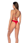 This one-shoulder one-piece swimsuit features a striking cut-out design through the center, enhanced with gold ring details for a touch of luxury. It offers an adjustable back and thong-style bottom for a flattering fit.