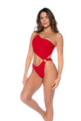 This one-shoulder one-piece swimsuit features a striking cut-out design through the center, enhanced with gold ring details for a touch of luxury. It offers an adjustable back and thong-style bottom for a flattering fit.