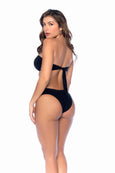 This chic two-piece swimsuit features a bandeau top with black hardware for a modern, elevated look, and a medium-coverage bottom.