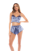 Add a touch of luxury to your nightwear. Two-piece satin set with rhinestone sparkles. Adjustable straps.