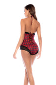 Flirty romper in plaid print with lace trims, lace-up back design, decorative buttons and fitted silhouette.