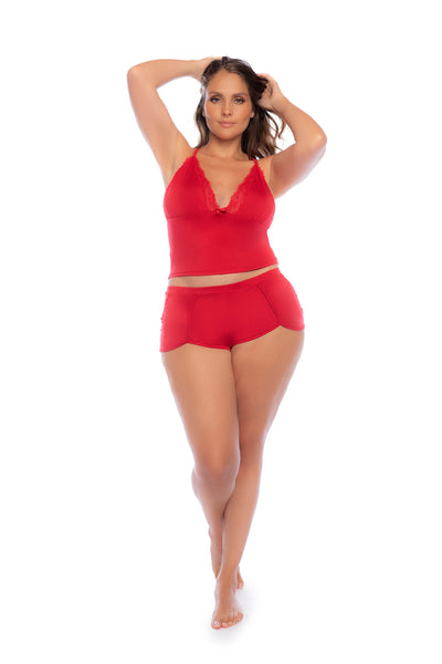 Get in the spirit with this two-piece set with in a seasonal red with eyelash lace trims. Adjustable straps and fitted silhouette.