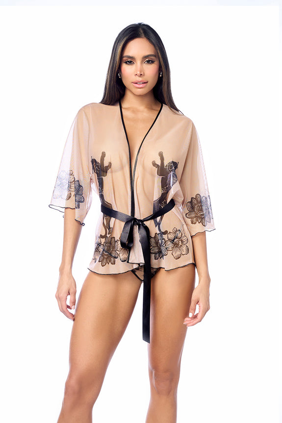 Mapale Printed Mesh Robe with Adjustable Waist Tie and Matching Panty | Sleepwear