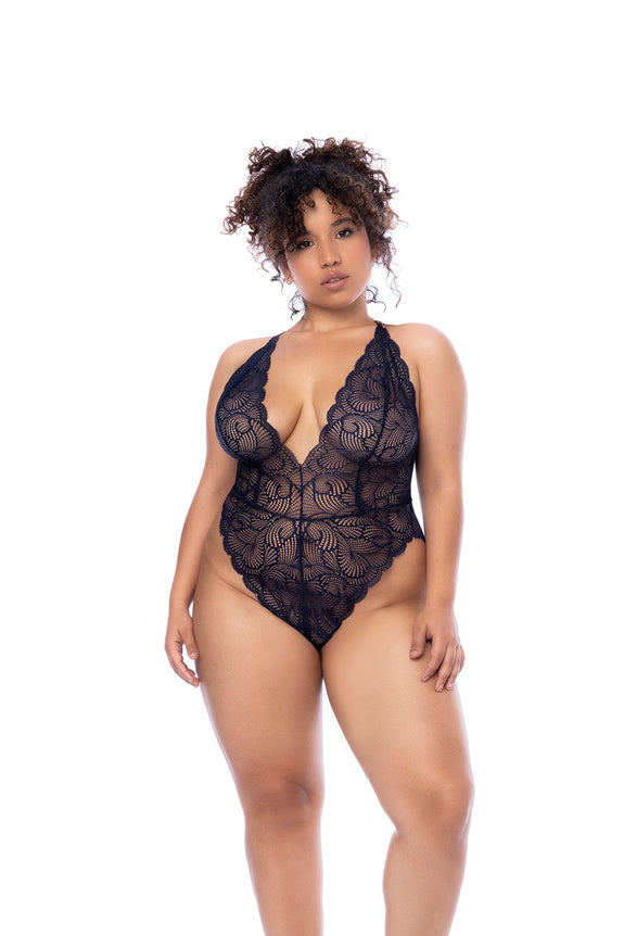 Mapale Wavy Lace Plunge Neck Open Back Bodysuit Plus Size | One-Piece Lingerie
