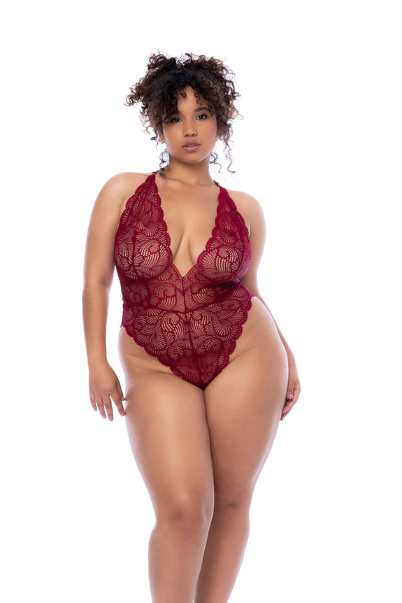 Mapale Wavy Lace Plunge Neck Open Back Bodysuit Plus Size | One-Piece Lingerie
