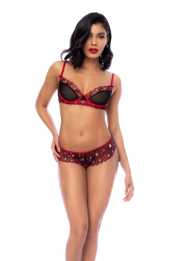Mapale Heart Embroidered Mesh Underwire Top, Garter Belt and Satin Bow Panty Three Piece Set | Lingerie Set