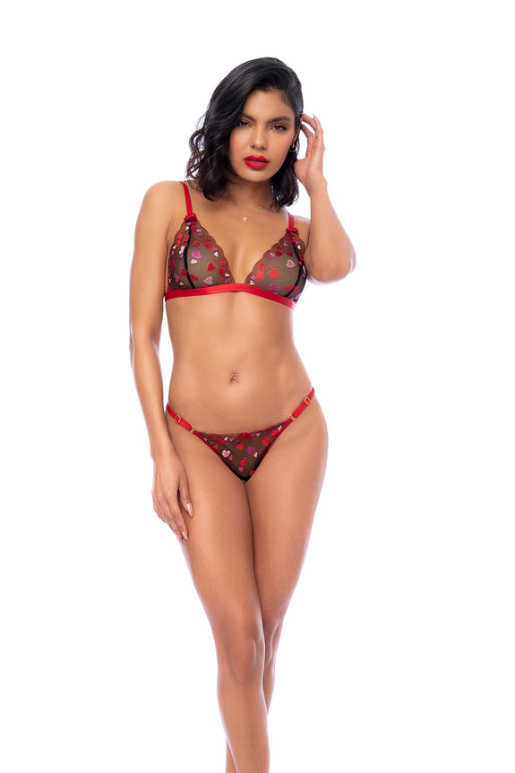 Mapale Heart Embroidered Mesh Bralette and Matching Thong Set | Lingerie Set