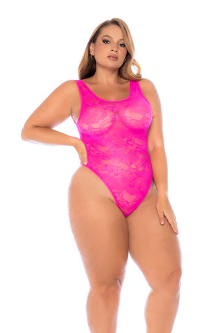 Mapale Pink Lace Bodysuit with Full Lace-Up Back Plus Size | One-Piece Lingerie
