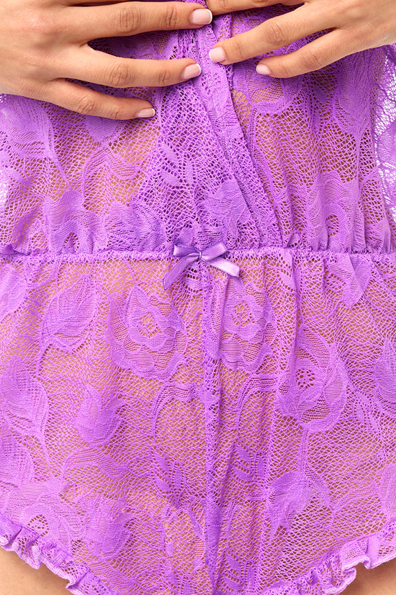 Mapale Plunge Neck Ruffle Trim Lace Romper | One-Piece Lingerie