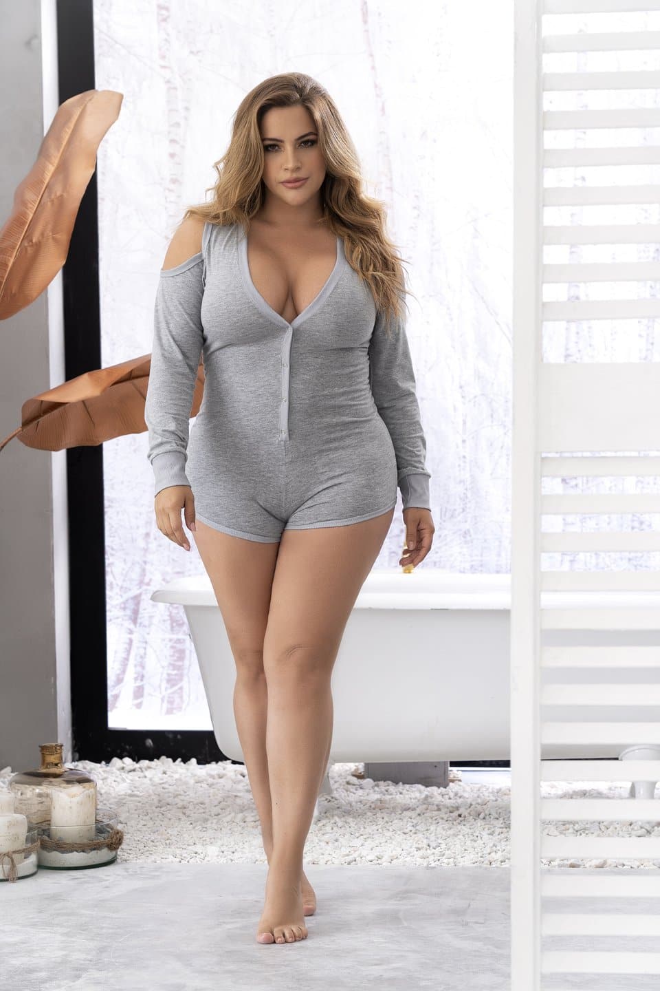 Mapale 7392X Plus Size Long Sleeve Sleep Romper - SomethingTrendy.com