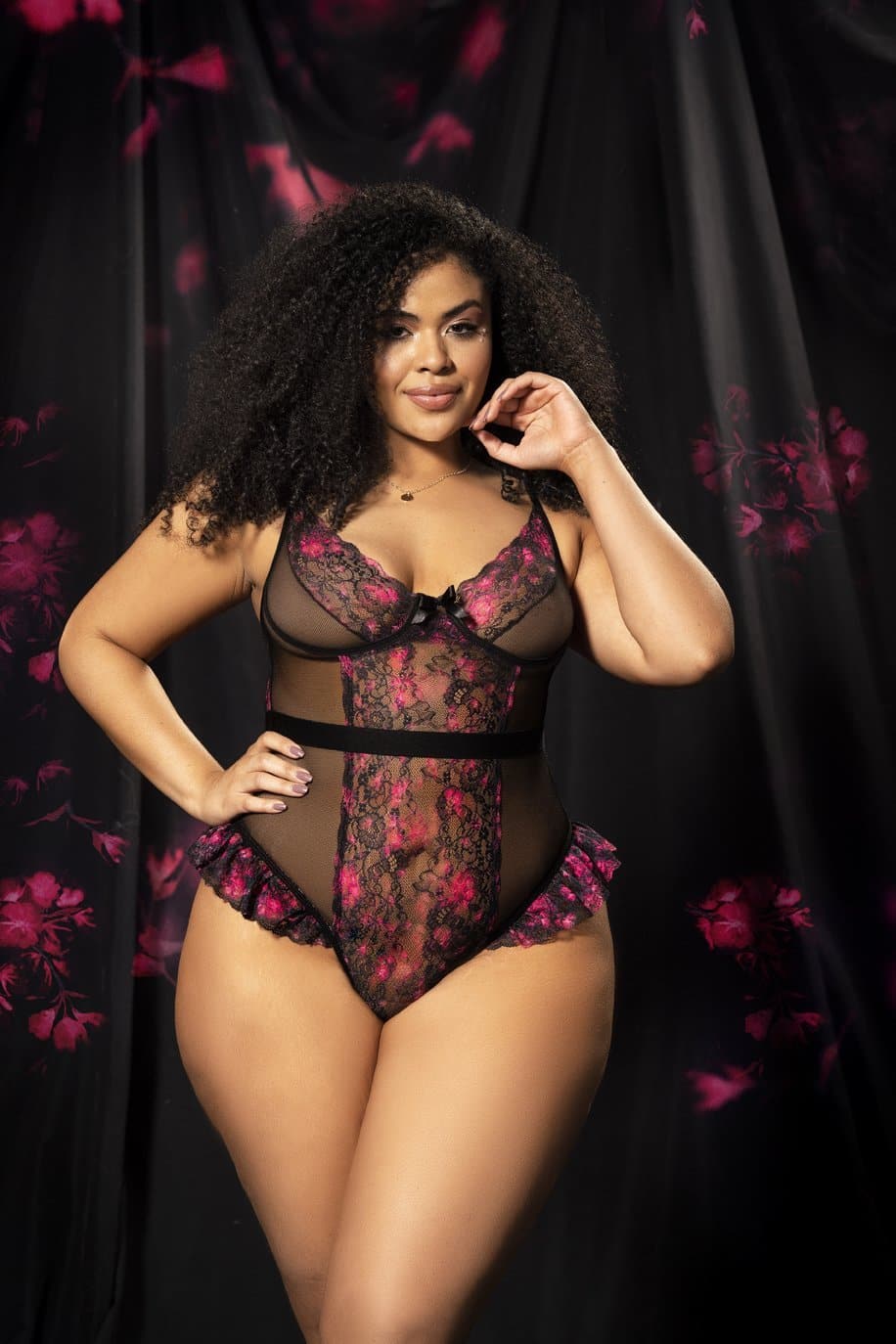 Mapale 8645X Plus Size Flirty Floral and Mesh Bodysuit - SomethingTrendy.com