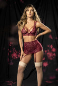 Mapale 8649 Criss Cross V-Neck Top, Thong and Garter Belt - SomethingTrendy.com